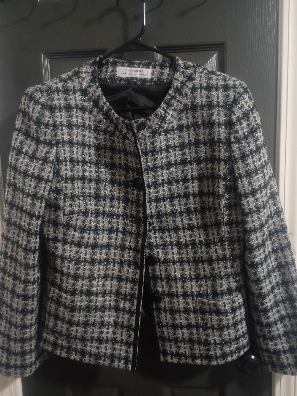 Tahari Black and White Tweed Collarless Blazer